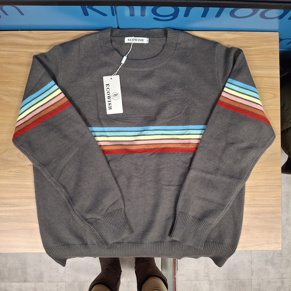 ECOWISH Women's X-Large Gray Multicolor Striped Crewneck Sweater